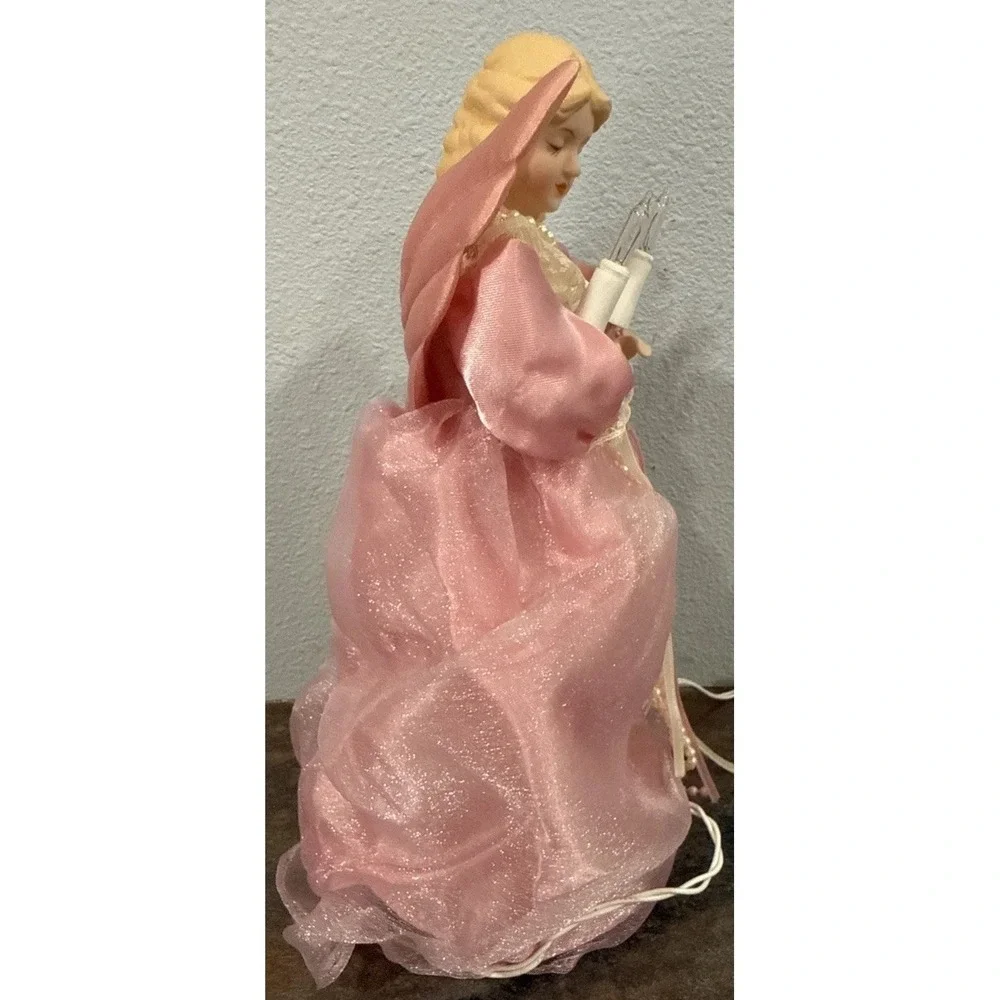 Vintage Pink Porcelain Face Angel Christmas Tree Topper 10-Light Lighted Y2K